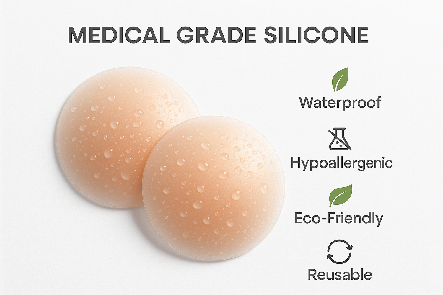 Do een plaatje dat laat in dat ze waterproof zijn, hypoallergenic, eco friendly + reuasable + medical grade silione. In engels
